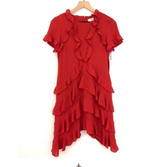 Bailey 44 Tiered Ruffled Shift Dress Red size medium short sleeve asymmetrical - Picture 2 of 9